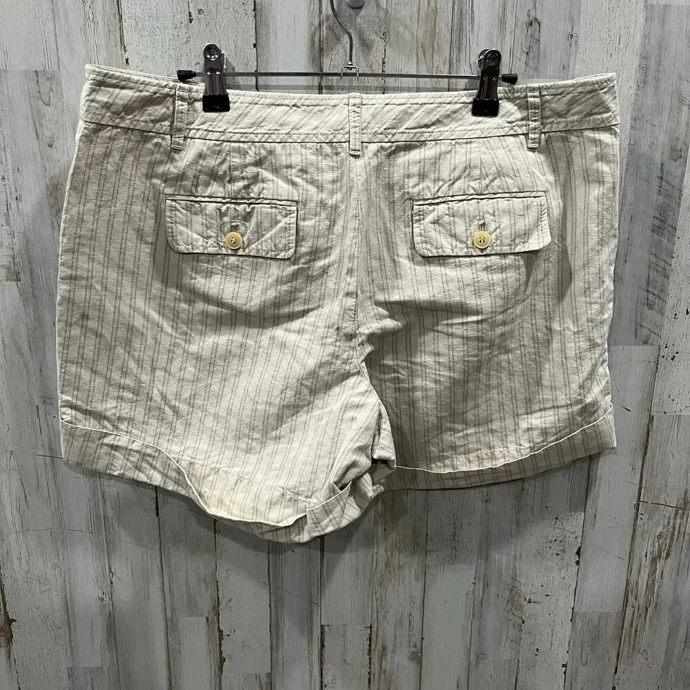 Loft Tan Stripe Linen Cotton Cuffed Shorts Womens Size 12 Pockets Summer